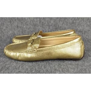 RALPH LAUREN Gold Leather Flats LRL‎ Logo Metallic Lizard Carley Loafer 7.5 NEW